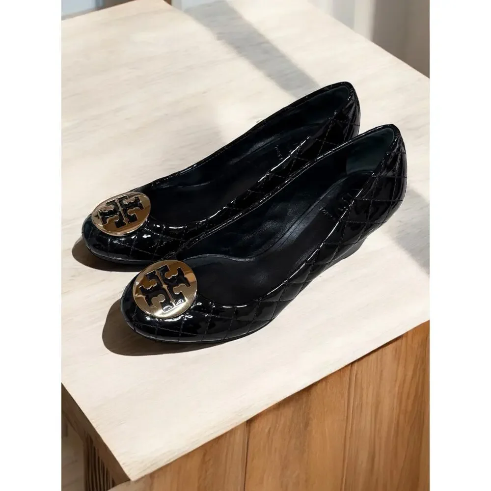 Tory Burch Quinn 65MM Quilted Patent Leather Wedge Heel Size 8M